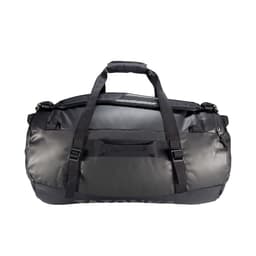 A large black duffel bag with multiple straps and compartments, featuring a logo on the side.