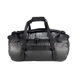 A black duffel bag with multiple straps and a zippered compartment, featuring a logo on the front.