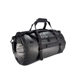A black duffel bag with adjustable straps and a zippered compartment. It features a logo on the side.