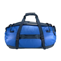 A blue duffle bag with black straps and a mesh panel, featuring multiple carrying options.