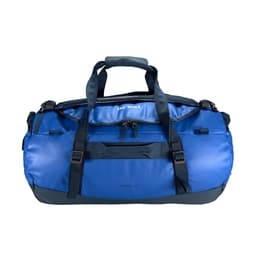 A duffle bag in shades of blue, featuring sturdy handles and zippers, with an adjustable shoulder strap.