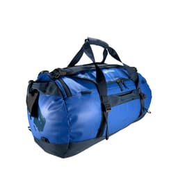 A blue duffel bag with black accents and a logo, featuring spacious compartments and sturdy handles.
