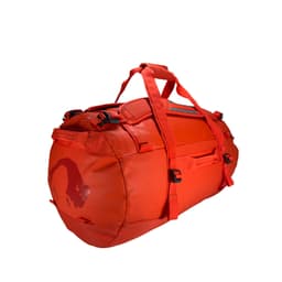 A red duffel bag featuring multiple straps and clips, with a logo on the side.
