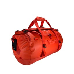 A large red duffel bag with multiple handles and zippers, featuring a logo on the side.
