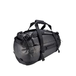 A black duffel bag with sturdy straps and a sleek design, featuring various buckles and compartments.