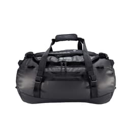 A black duffel bag featuring multiple straps and a zippered pocket. It includes a logo on the front.