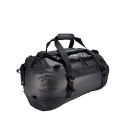 A black duffel bag with multiple compartments and handles, featuring a robust design and a logo.