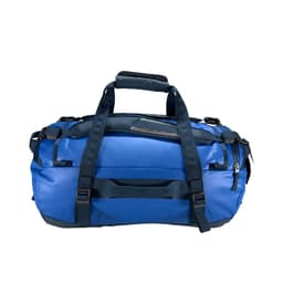 A blue duffel bag with dual handles and adjustable straps. It features a textured panel and has a logo.
