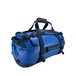 A blue travel duffel bag with black straps and a logo, featuring sturdy handles and adjustable buckles.