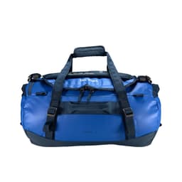 A blue duffel bag with dark blue accents, featuring handles and adjustable straps, alongside a logo.