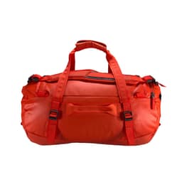 A duffle bag in vibrant red with multiple zipped compartments and adjustable straps. It features a logo on the front.