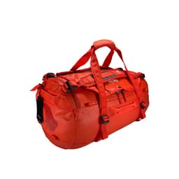 A durable orange duffel bag with multiple straps and compartments, featuring a logo on the side.