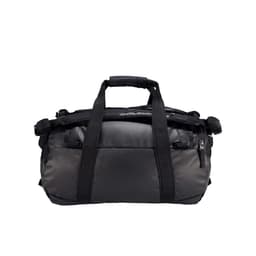 A travel bag in black, featuring multiple handles and straps for easy carrying. It has a zippered compartment and a logo.