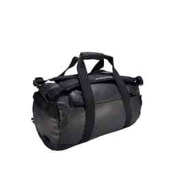 A black duffel bag with handles and adjustable straps, featuring a smooth, durable exterior and a logo.