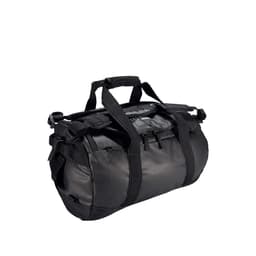 A black duffle bag with multiple handles and adjustable straps, featuring a spacious main compartment and a logo.
