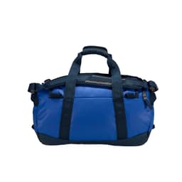 A blue promotional bag with dark navy accents and sturdy handles. It features a zippered compartment and has a logo.