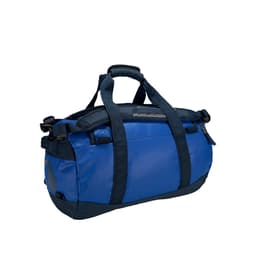 A blue duffel bag with dark straps and a logo, featuring zippered compartments and sturdy handles.