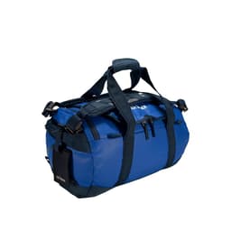 A blue duffel bag with black accents, featuring multiple handles and zippers, along with a logo.