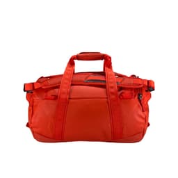 A duffel bag in vibrant red, featuring multiple handles and zippered compartments. It has a logo on the side.