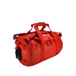 A duffle bag in bright red with multiple compartments and straps. It features a logo on the side.