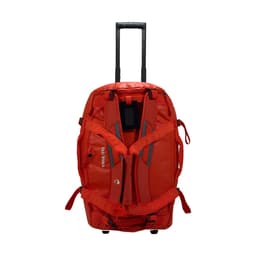 A red wheeled duffel bag with adjustable straps and a handle, featuring a logo. Suitable for travel or sports gear.