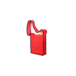 A red non-woven sling bag with a black trim and a pocket, featuring a pen.