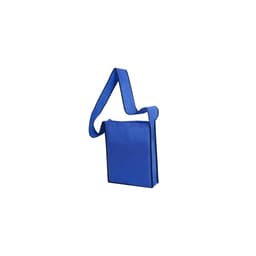 A blue non-woven sling bag with a black trim and a long shoulder strap. It features a logo on the front.