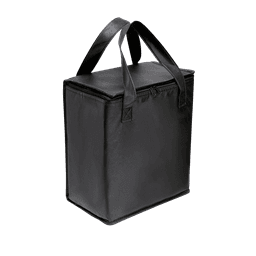 A black large cooler bag with sturdy handles and a zippered top. It has a simple design and includes a logo.