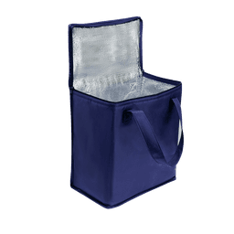 A large cooler bag in navy with a silver interior and two sturdy handles.