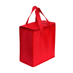 A large red cooler bag with a zip closure and two sturdy handles. It features a branded logo on the front.