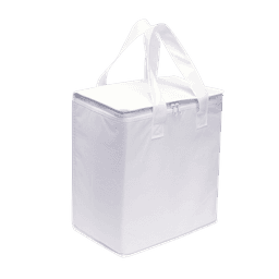 A large white cooler bag with zip closure and two handles. It features a simple design and has a logo.