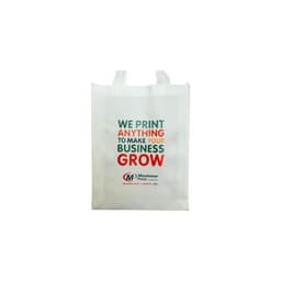 A white non-woven sling bag with a logo and colourful text promoting printing services.
