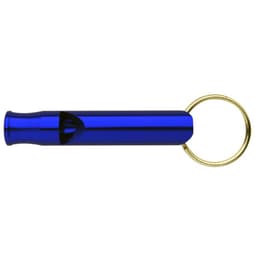 A blue whistle key ring with a gold metal keyring attached. It has a sleek, shiny finish.