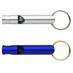 A silver and blue whistle key ring, featuring a metal body and a key ring attachment.