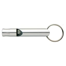 A silver whistle key ring with a metallic finish and a circular key ring attachment.