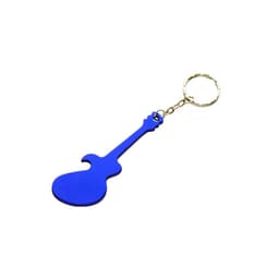 A blue guitar-shaped bottle opener attached to a keyring. It has a metallic finish and a golden chain.