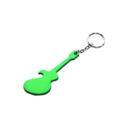 A drink bottle opener shaped like a green guitar, featuring a metal keyring attachment.