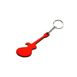 A drink bottle opener in the shape of a red guitar, featuring a keyring attachment. It has a logo on it.