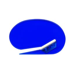 A blue oval letter opener with a silver blade and a smooth, curved design. It features a small logo.