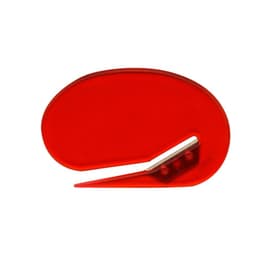 An oval letter opener in bright red with a sleek design and a transparent section.