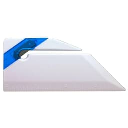 A white ruler letter opener featuring a blue accent, with measurement markings along one edge.