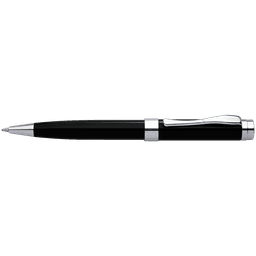 A black pen with silver accents and a clip, featuring a sleek design and a polished finish.