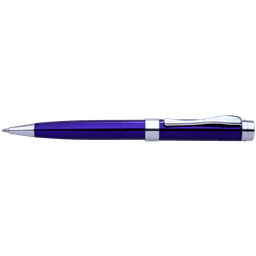 A sleek, blue pen with a silver clip and accents, featuring a smooth design. It has a branding logo.