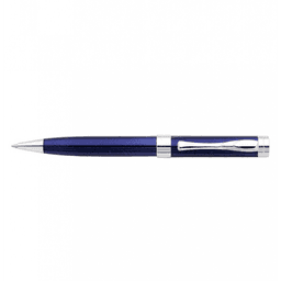 A blue pen with a shiny silver clip and detailing, featuring a sleek design and a branding logo.