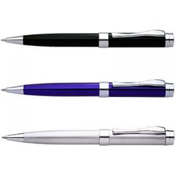 A set of three pens in black, purple, and silver, each featuring a metallic clip and accents.