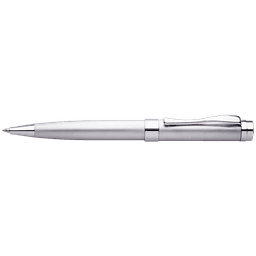 A silver pen with a sleek design and a metallic finish, featuring a clip and chrome accents.