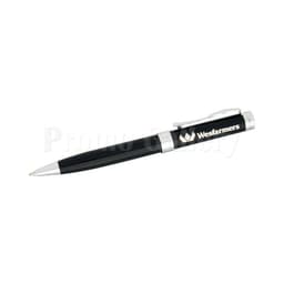 A sleek black pen with silver accents and branding on the barrel.
