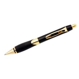 A black and gold metal pen with a textured grip and a gold clip, featuring a logo on the barrel.