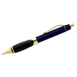 A blue metal pen with a black grip and gold accents, featuring a clip for easy attachment.