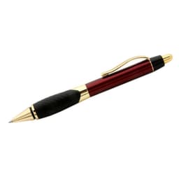 A red and black metal pen with gold accents and a textured grip, featuring a clip and elegant design.